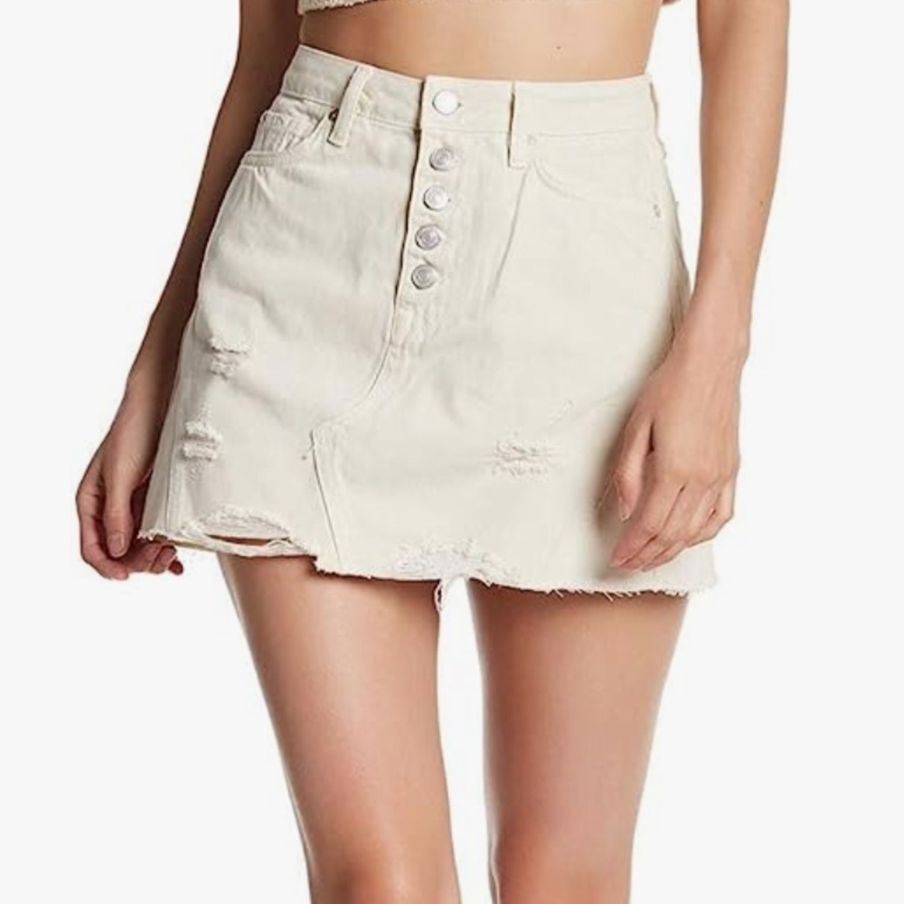 Free People Distressed White Denim Mini Skirt